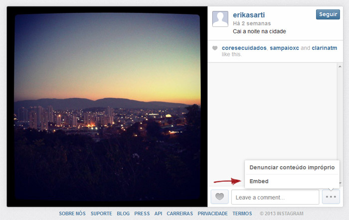 Opção de embed no Instagram